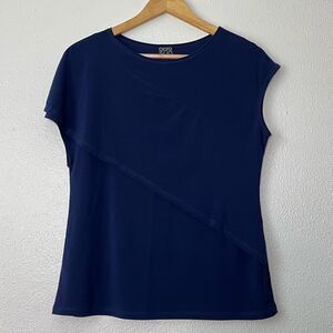 Clara Sun Woo Lagenlook Blue Asymmetrical Tiered Short Sleeve Top Made in USA XS